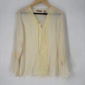 VTG Apostrophe Womens Cream Lace Trim Bell Sleeve Top 8 Tie Front Romantic